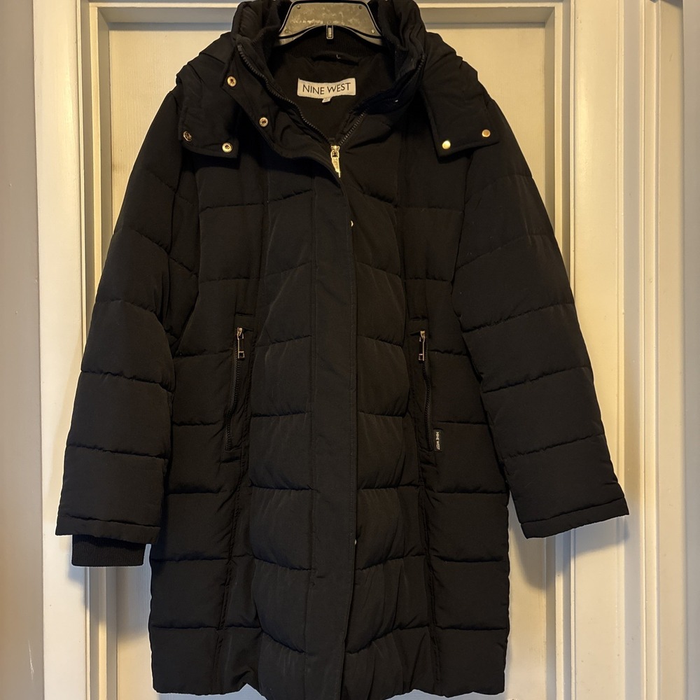 Women's Nine West Heavyweight Faux-Down Puffer Hooded Parka Coat Size XXL Black